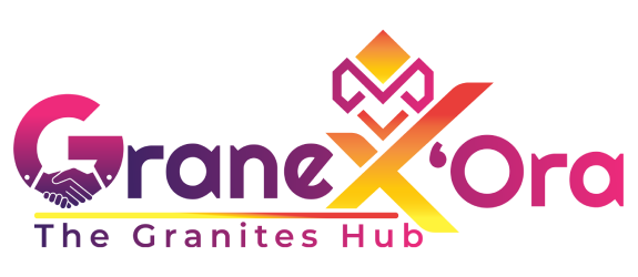 GranexOra logo featuring the text ‘GraneXOra’ in gradient shades of red, purple, orange, and pink. The letter G contains a small mountain graphic. Above the stylized ‘X’ is a geometric icon resembling interlocking shapes in orange and pink. Below the name is the tagline ‘The Granites Hub.