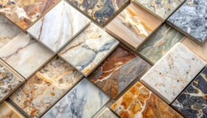 A mosaic of polished stone pieces lies arranged like a quiet gallery of the earth’s artistry. Swirls of amber, charcoal, ivory, and moss trace ancient geological stories across each tile. The collection offers a palette of warmth and texture, inviting designers to choose surfaces that bring depth, elegance, and a sense of natural wonder into modern spaces.